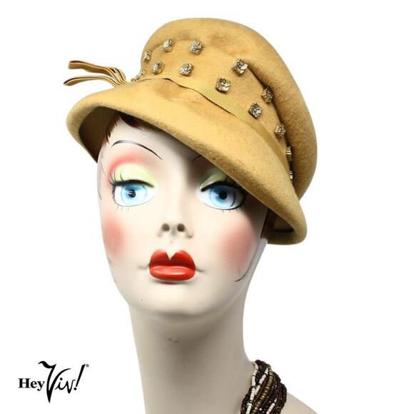 Vintage 40s Shaped Gold Felt Hat w Flower Studs Henry Pollak Glenover - Hey Viv